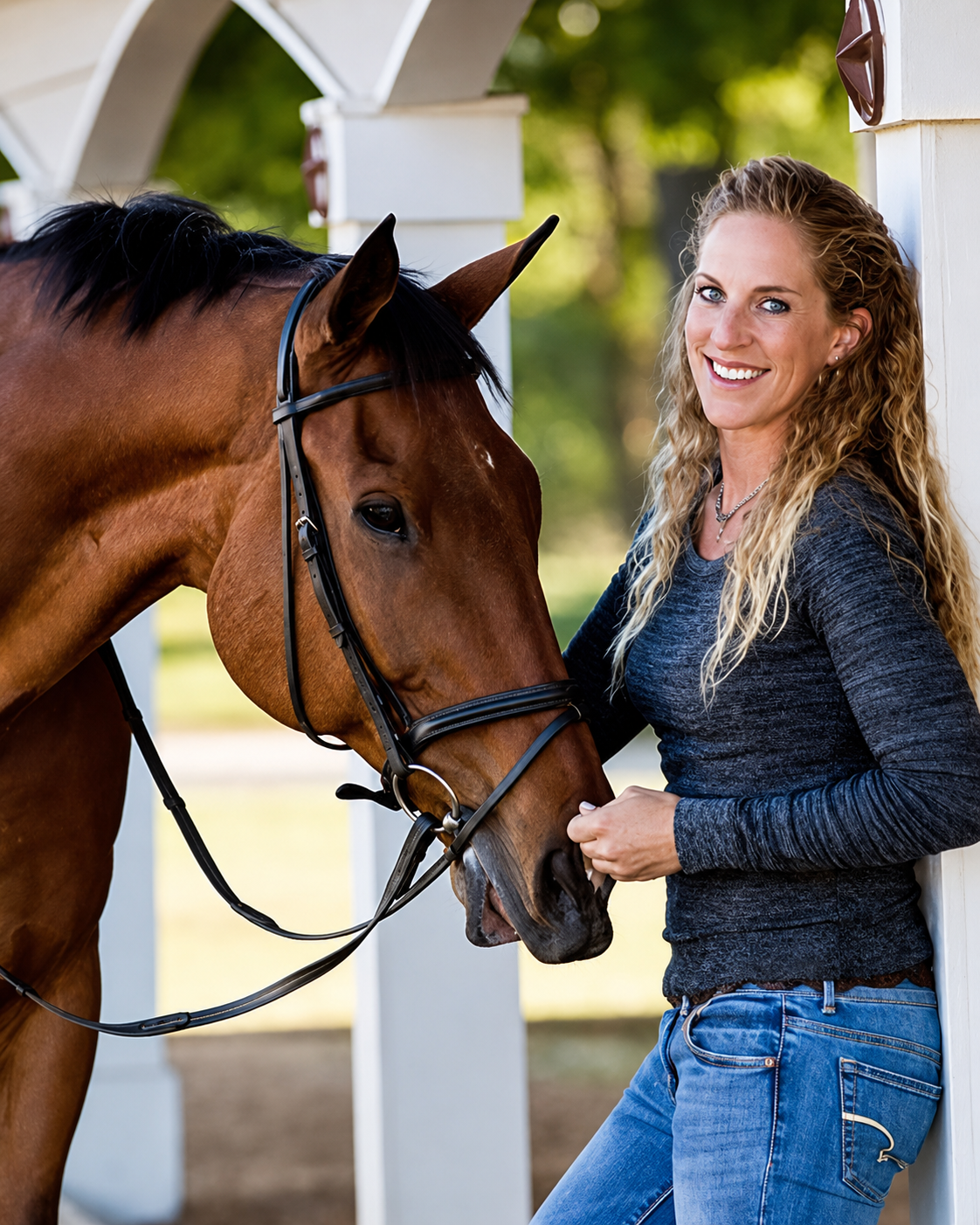 Laura de pie junto a un caballo alazán ensillado.
